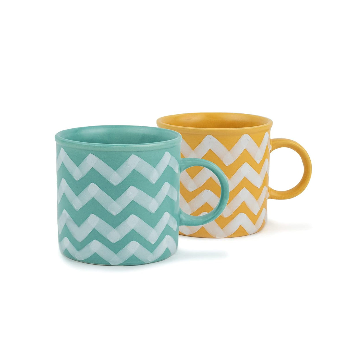 Large Ceramic Coffee Mug Set Of 2 - Yellow & Sea Green, 350ml Each | Ceramic Mountain Mug, Tea Mug With Matte Finish - Mug For Coffee | Ceramic Coffee Mug - Microwave Safe & Dishwasher Safe