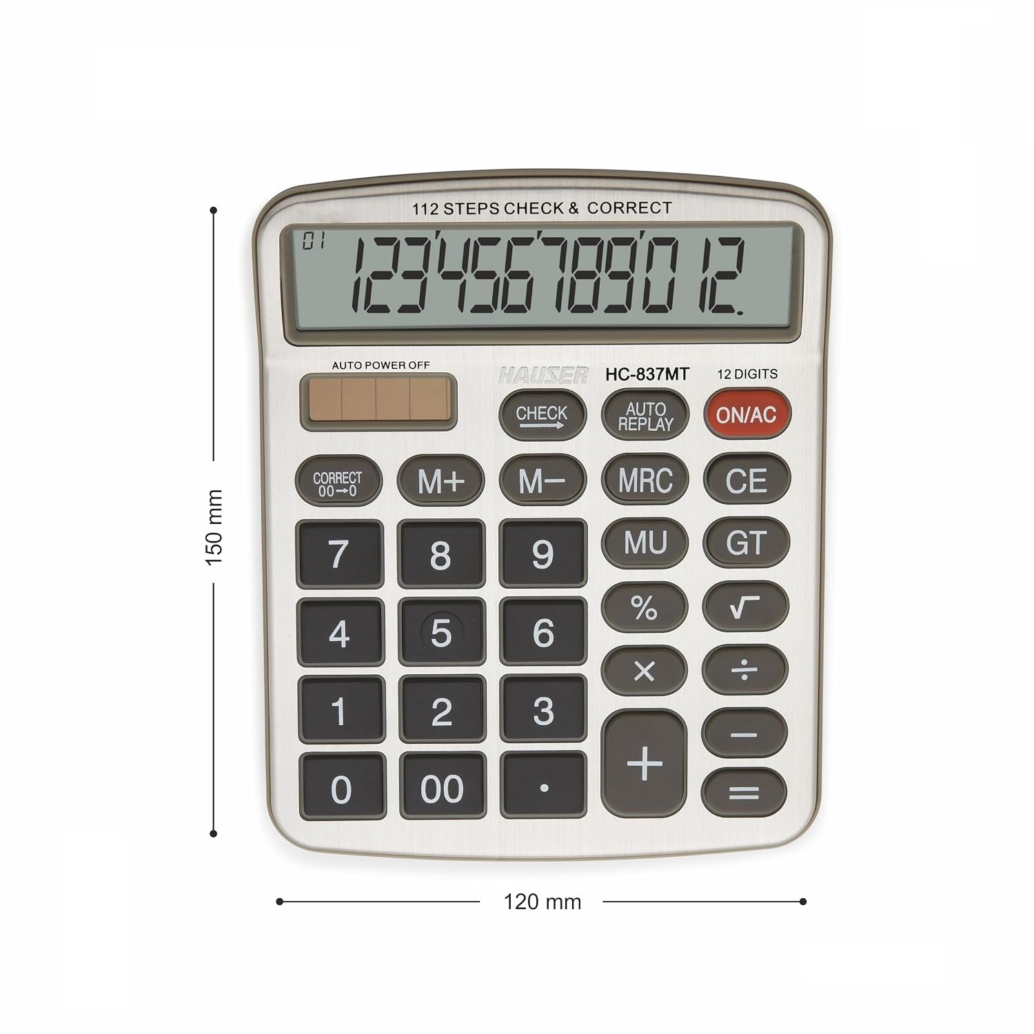 Hauser Hc-837mt Desktop Series Electronic Calculator | 12 Digits Calculator | Square Root Function | Big Display & Auto Replay | Dual Power With Solar | 112 Steps Check & Correct | Grey