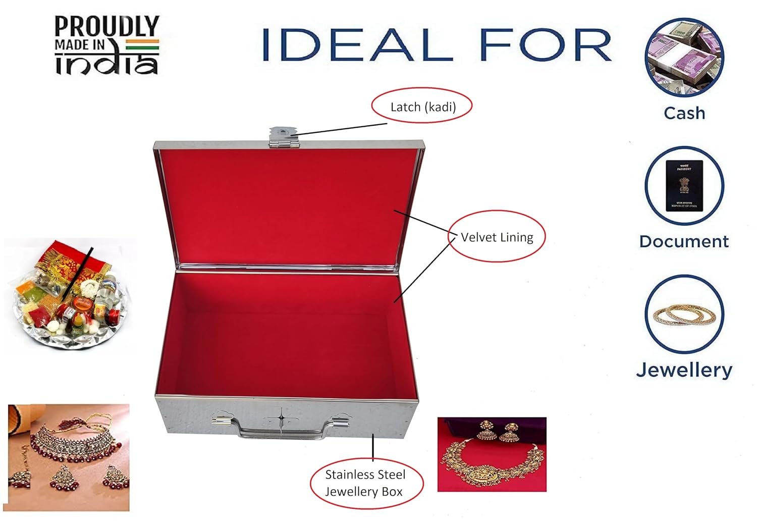 Stainless Steel Storage Boxes, Cash, Pooja Peti, Organizer, Vanity Box, Safe Locker, Cash Box With Handicrafts Digital Meenakari Laser Print Design - 9 Inch, Colour - Multicolour