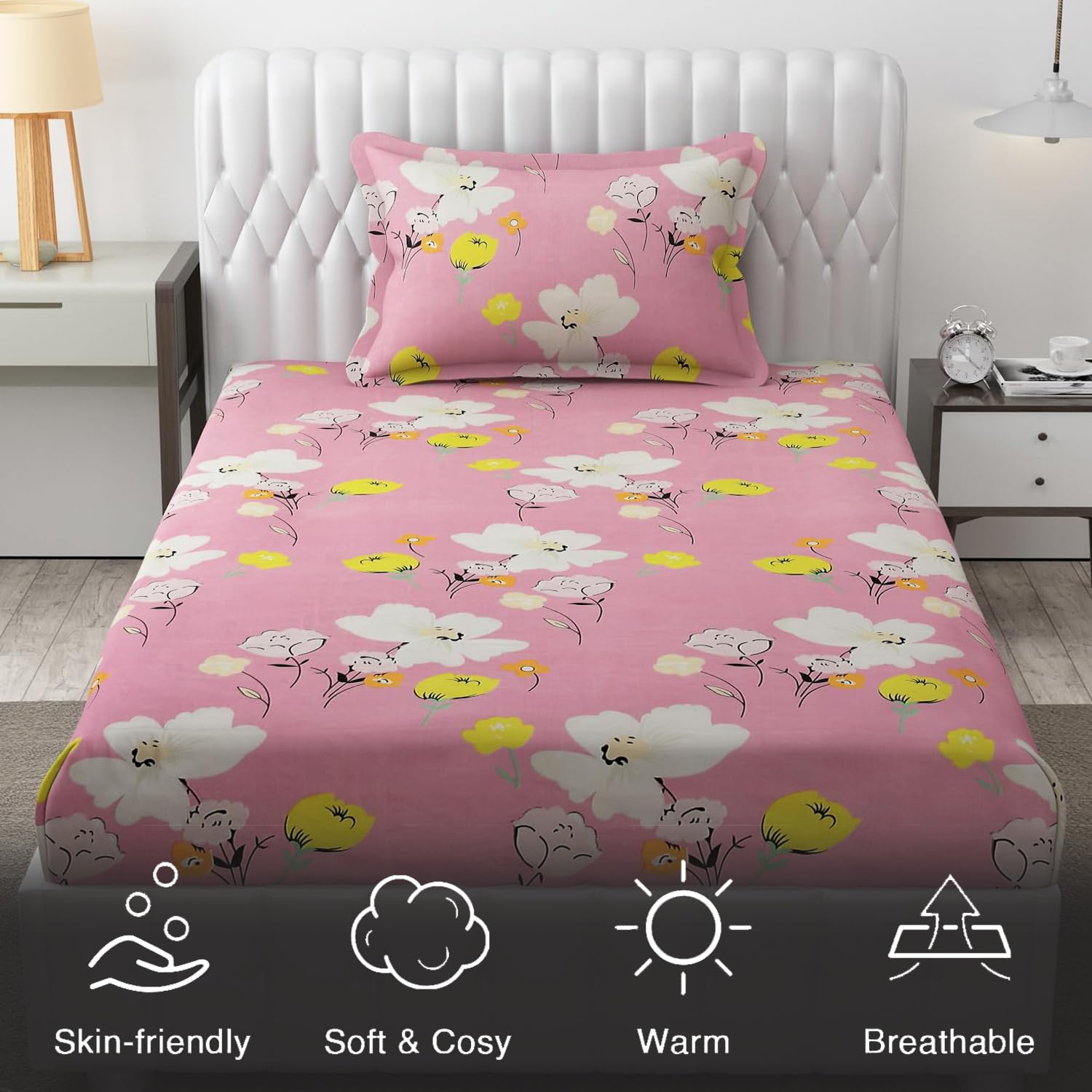 Microfiber Single Bedsheet Set With 1 Pillow Covers (60 X 90 Inches) Pink & White | Durable & Long-Lasting | 144 Thread Count | Wrinkle Free