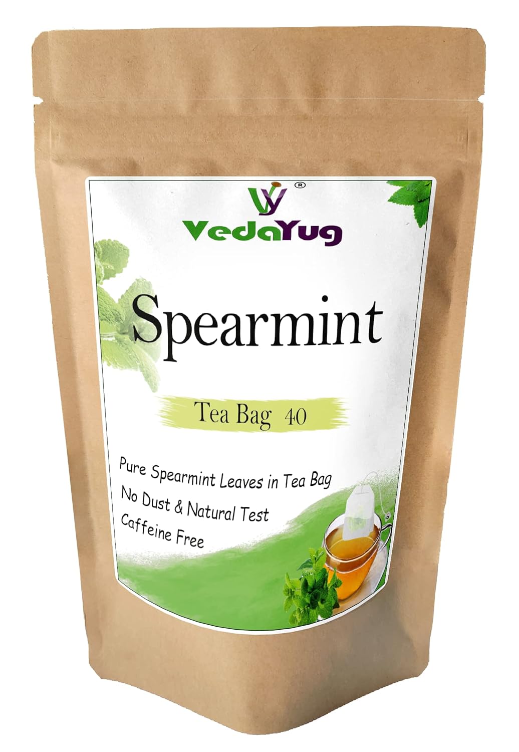 VedaYug Spearmint Herbal Tea - 40 Tea Bags, 52gm, 1.8 Ounce | Rich Flavor & Fragrance, Sleep & Stress Relief Tea - Caffeine Free, No Additives | Use For Ice & Hot Tea