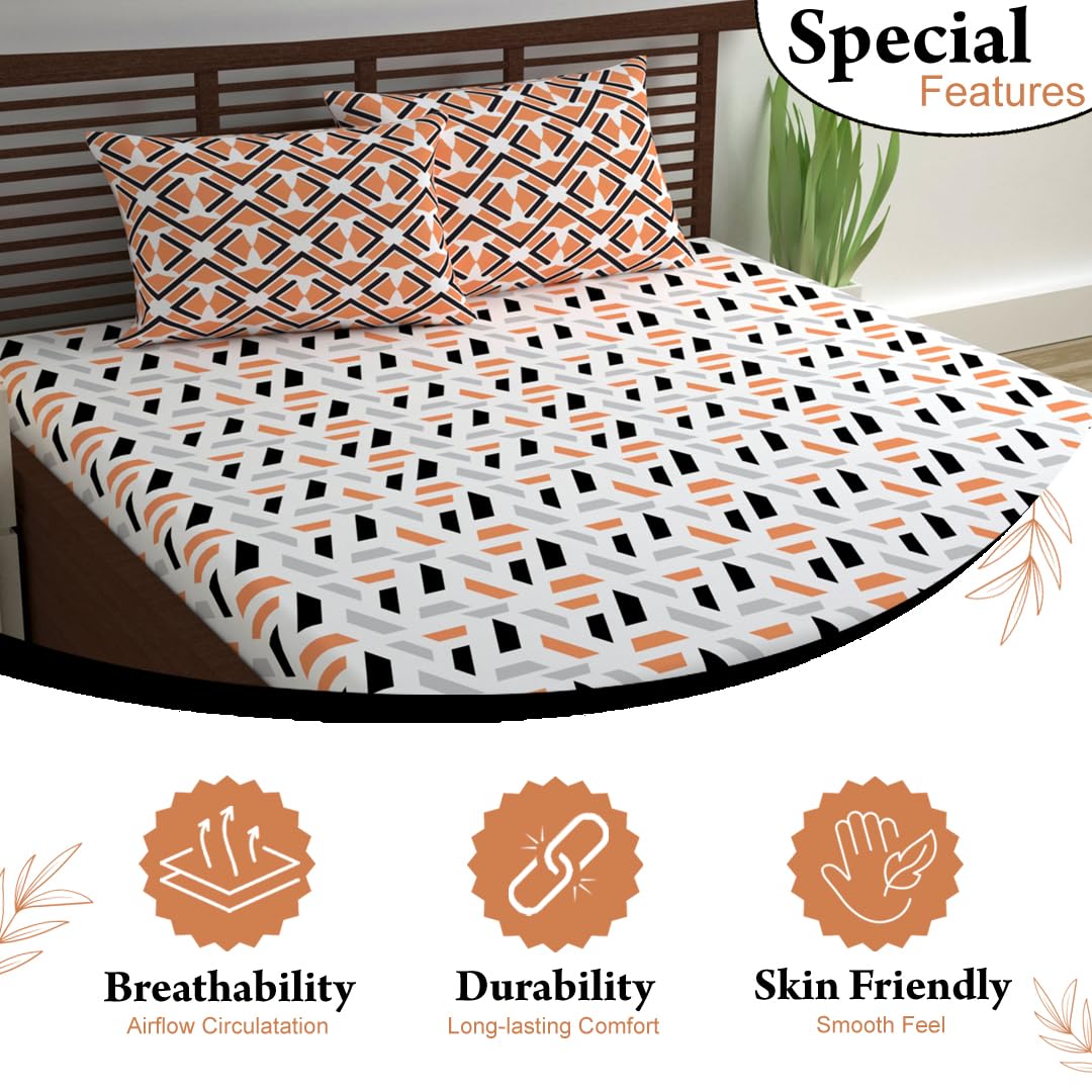 100% Cotton Double Bedsheet With 2 Pillow Cover - 87 X 100 Inches, Peach & White | Lightweight, Soft, Skin Friendly - Durable Bedsheets For Everyday Comfort