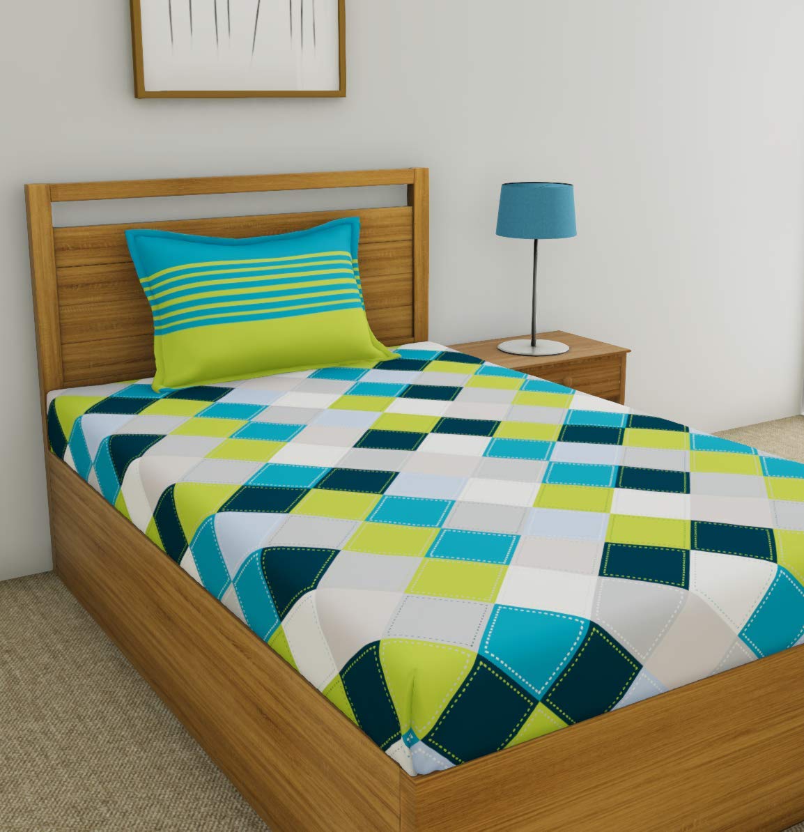 Cotton Single Bedsheet With 1 Pillow Cover + Pillowcase Set (2 Pcs) | 55 X 88 Inches, Blue & Green | Breathable & Wrinkle Free Bedsheet