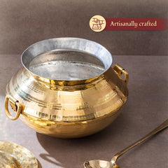 Brass Patili With Karchi, 3 Liters | Karchi - Golchi For Dinnerware & Cooking | Degchi In Brass - Handi For Cooking | Hammered And Polished