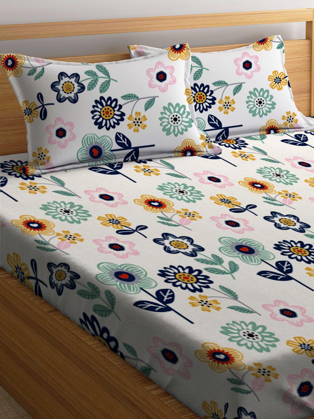 Elastic Fitted Printed King Size Double Bed Bedsheet With 2 Pillow Covers | 72 X 78 X 10 Inches, Multicolor | Super Soft Premium Brushed Glace Cotton Material