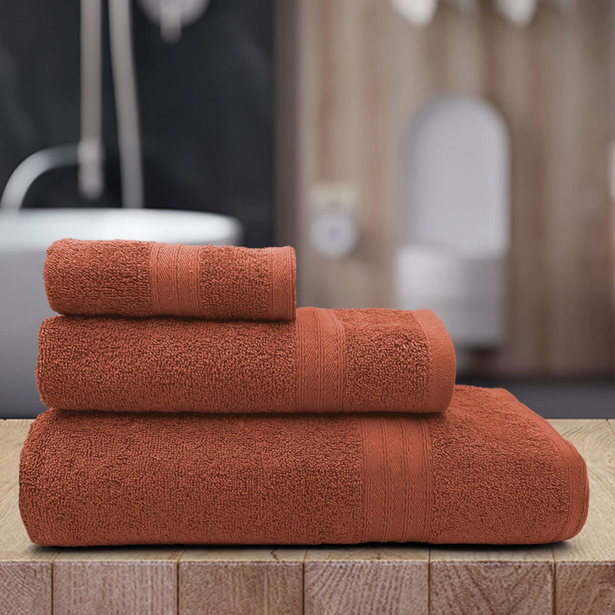 Sassoon Anatolia Bath + Hand & Face Towel 900 Gsm (Rust) - Pack Of 3