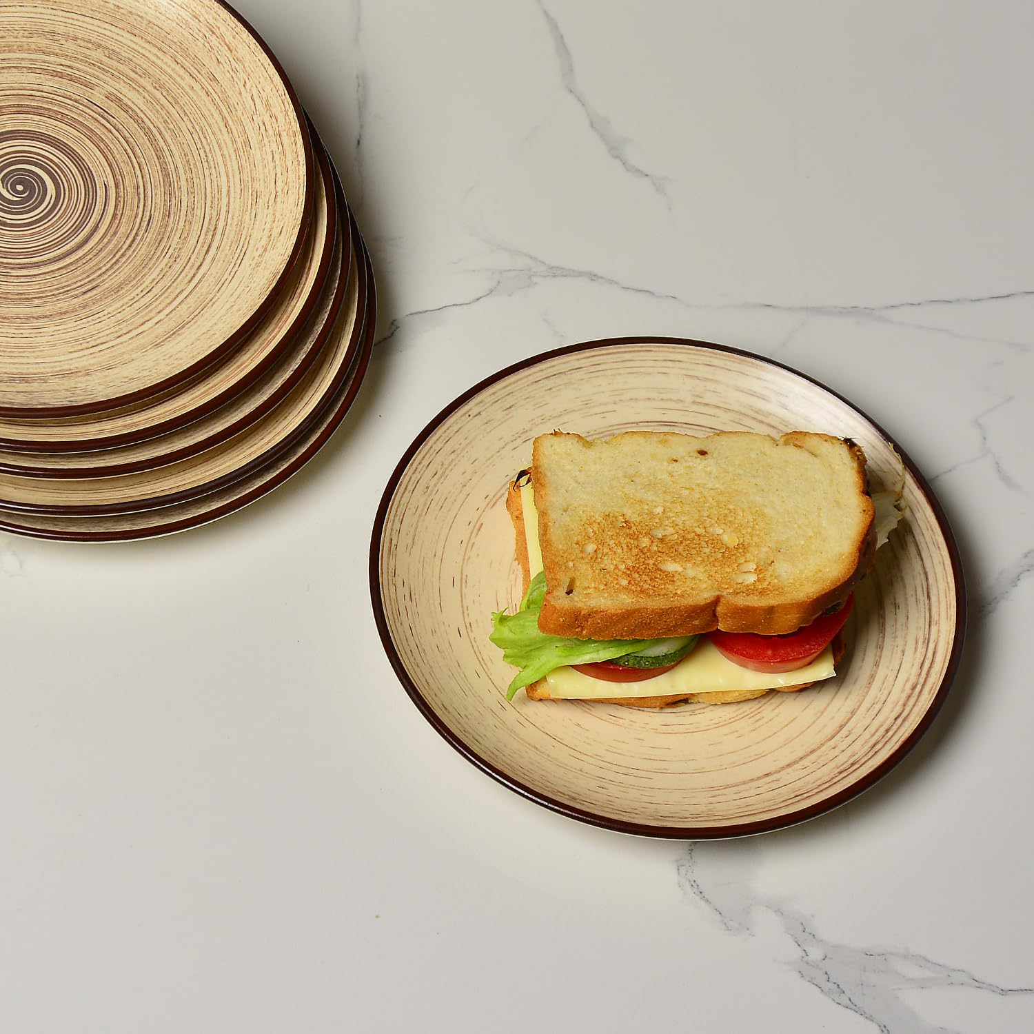 Hand Glazed Earthy Swirl Ceramic Quarter Plates Set Of 6 - 7 Inches, Brown | Dishwasher Safe Small Side Plates - Microwave Safe Snack Plates For Party