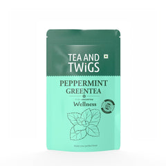 Tea And Twigs Peppermint Green Tea - 50gm, 1.7 Ounce, 25 Pyramid Teabags | Wellness Boost, Superfood Medicinal Tea - Caffeine Free