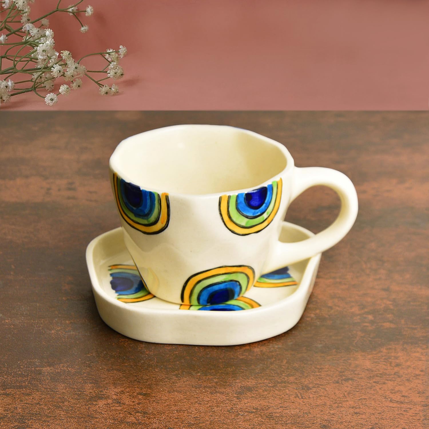 Hand Painted Ceramic Cup & Saucer Set Of 2 - Multicolor, 250ml Each | Microwave Safe Tea Cups & Mugs - Chai Cups