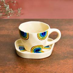 Hand Painted Ceramic Cup & Saucer Set Of 2 - Multicolor, 250ml Each | Microwave Safe Tea Cups & Mugs - Chai Cups