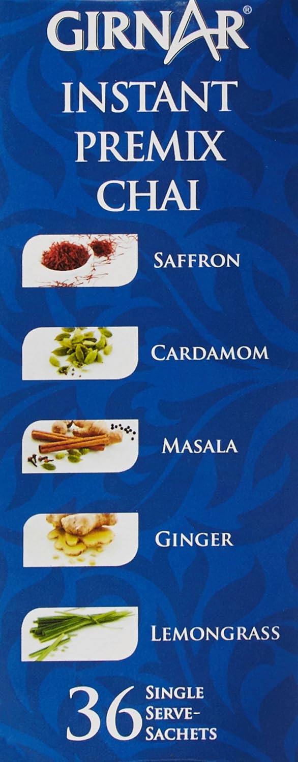 Girnar Variety Pack Instant Premix Chai - 36 Sachets | 8 Sachets Each Of Cardamom, Ginger, Masala, Lemongrass + 4 Sachets Of Saffron Flavor - Caffeine Free