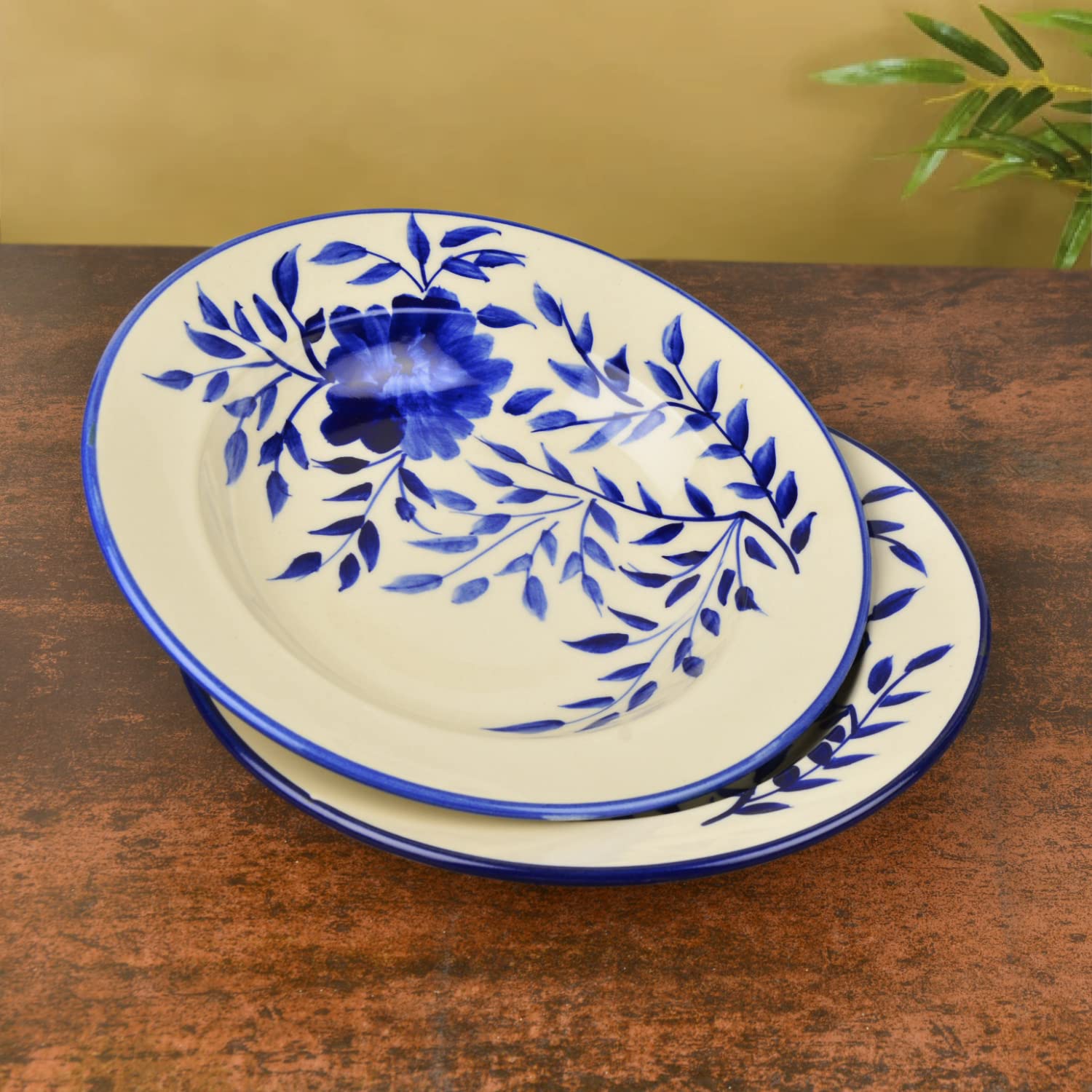 Hand Painted Premium Ceramic Floral Deep Pasta Plates Set Of 2 - Diameter: 9.5 Inches, Blue & Off White | Soup Plates - Maggi Plates