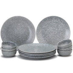 Hand Painted Ceramic Dinner Set Of 12 Pieces Dinnerware Set - Silver Grey | Set Of 6 Dinner Plates + 6 Small Dinner Bowls, 160ml Each - Microwave & Dishwasher Safe