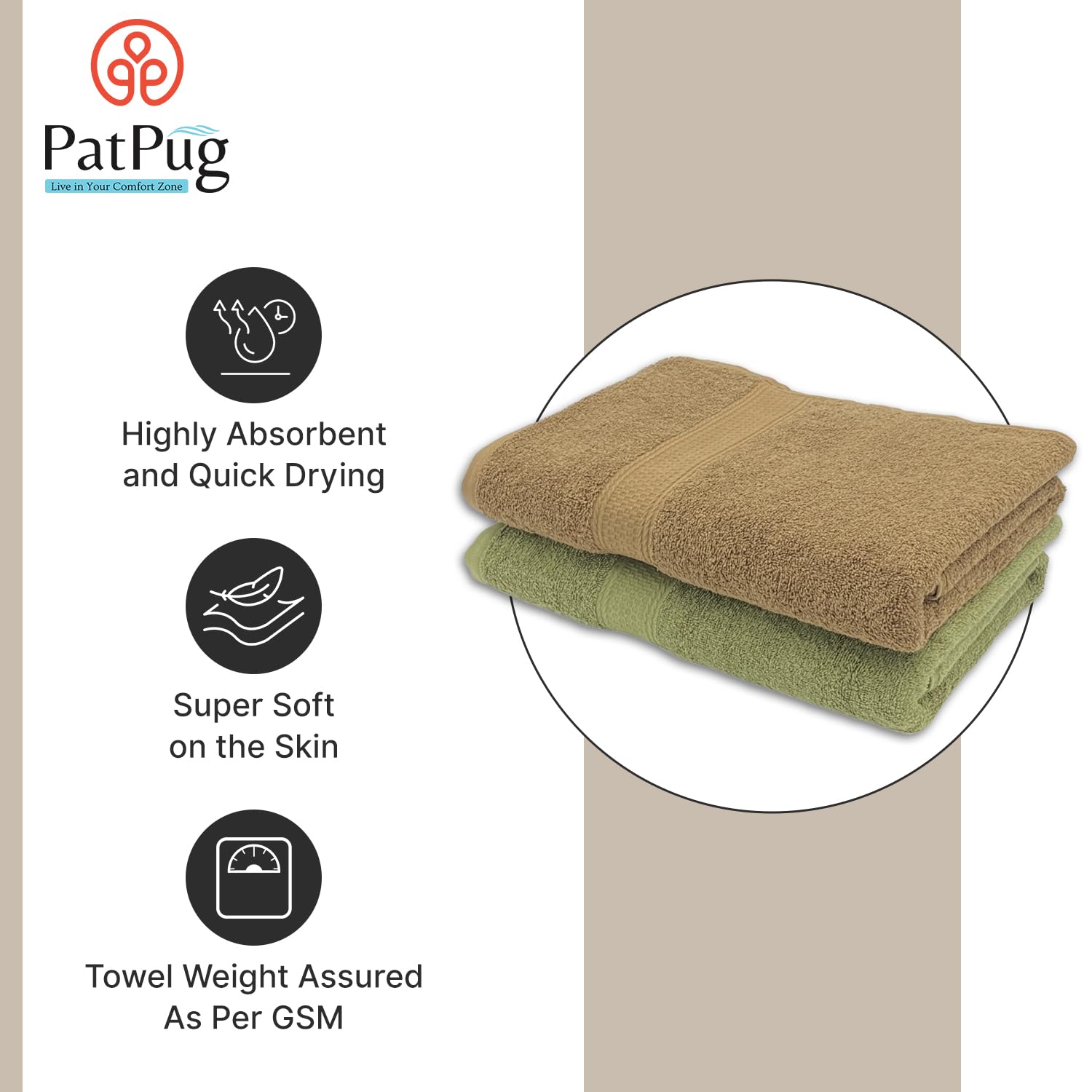Patpug 100% Indian Ultra Soft Cotton 500 Gsm Highly Absorbent, Fade Resistant, Quick Drying Large Bath Towel (Sepia Brown & Olive Green)