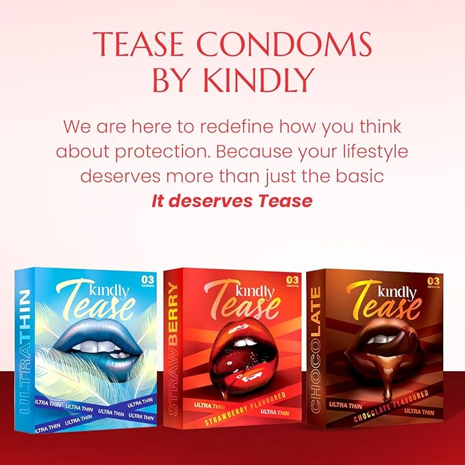 Kindly Tease Ultra Thin Strawberry Flavour Condoms For Men, Pack Of 3 - Extra Sensitive,0.05 Mm