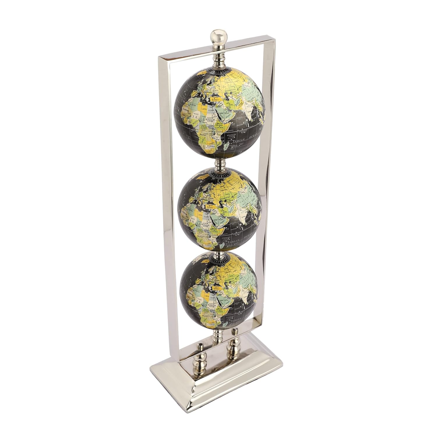 Handcrafted Vertical Triple Golden Globe Stand Decorative, Accessories For Table, Desk For Showpiece, Office Shelves, Bedroom & Gifting (Black Silver) Set Of 3 Globes In 1