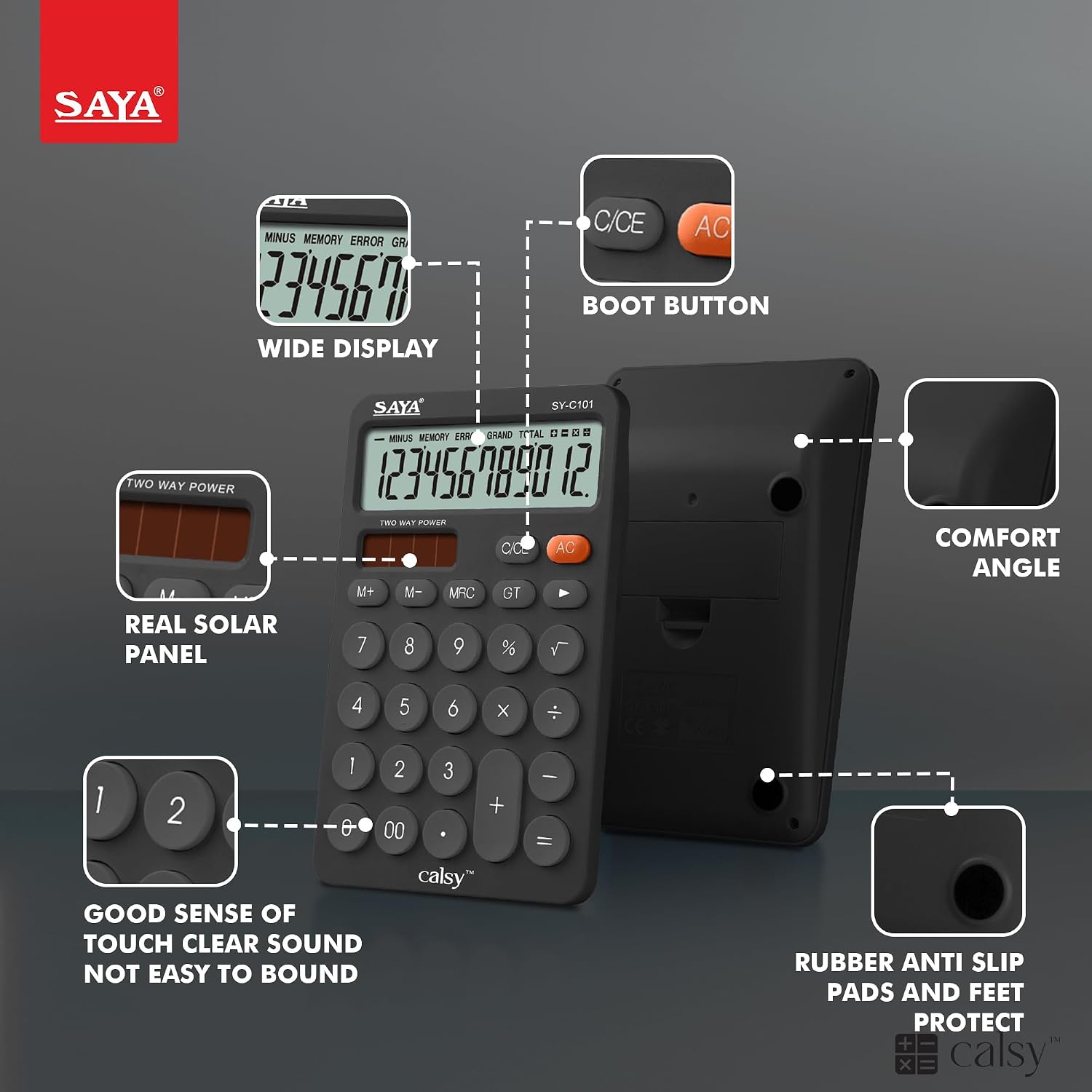 Saya 12-digit Desktop Calculator | Dual Power: Solar & Battery | Ergonomic Comfort Design | Large Display | Ideal For Office & School Use | 3-year Warranty | Reliable & Durable - Black.