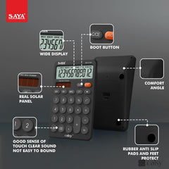 Saya 12-digit Desktop Calculator | Dual Power: Solar & Battery | Ergonomic Comfort Design | Large Display | Ideal For Office & School Use | 3-year Warranty | Reliable & Durable - Black.