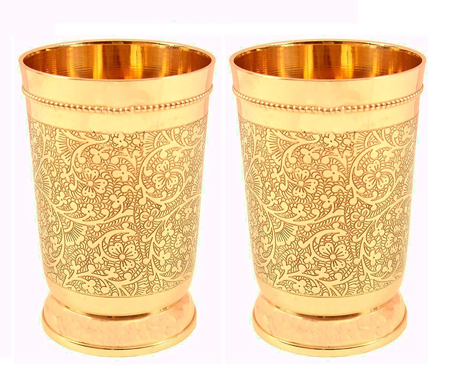 Pure Yellow Brass Luxury Water Glass Set Of 6 - 300ml Capacity Each Glass | Beautiful Floral Pattern - Pital Water Glass