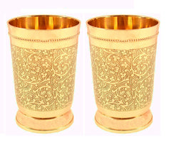 Pure Yellow Brass Luxury Water Glass Set Of 6 - 300ml Capacity Each Glass | Beautiful Floral Pattern - Pital Water Glass