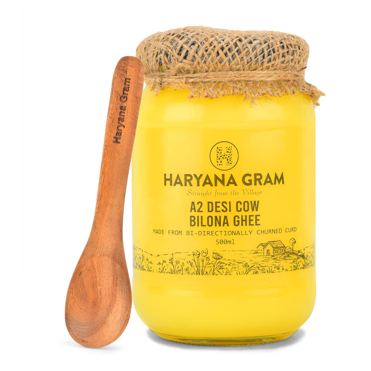 Organic A2 Desi Cow Bilona Ghee With Neem Wood Spoon By Haryana Gram | Rich In Vitamin A, D & Minerals Healthy Desi Ghee | (500ml) 16.9 Ounce | Jar Pack