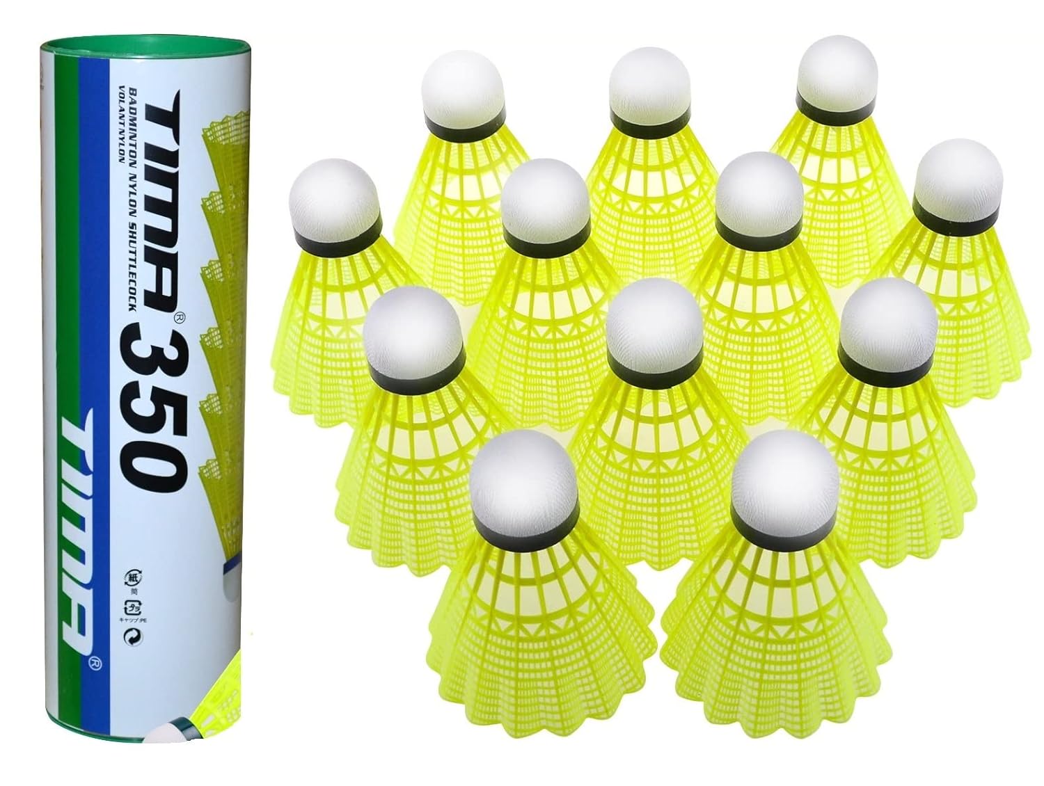 Tima 350 Badminton Nylon Shuttlecocks , Hight Speed Advanced With Great Stability And Durability | Yellow , Pack Of 12