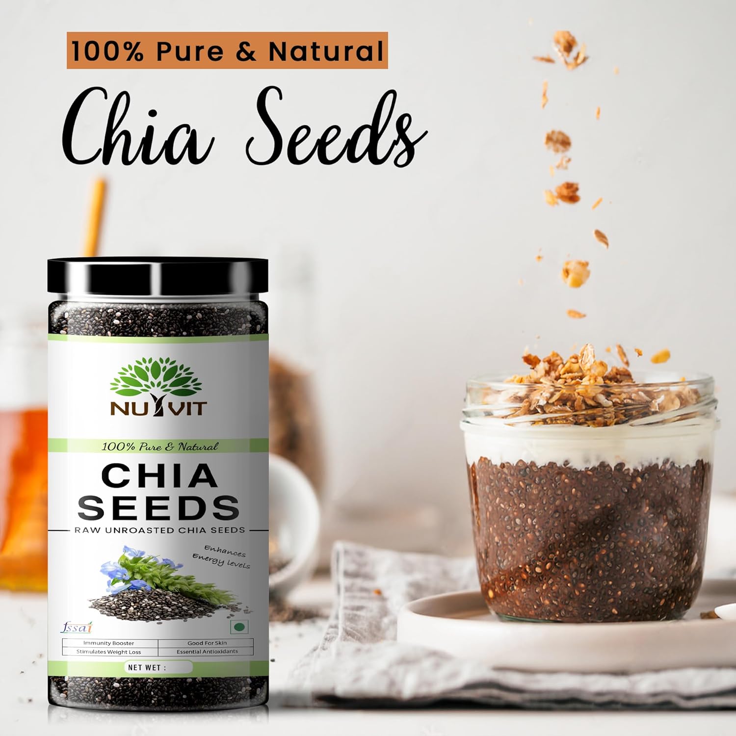Nutvit 100% Pure & Natural Chia Seeds, Rich In Omega -3 & Fibre, Healthy Snacks For Weight Loss Management | 200gm 0.4lbs