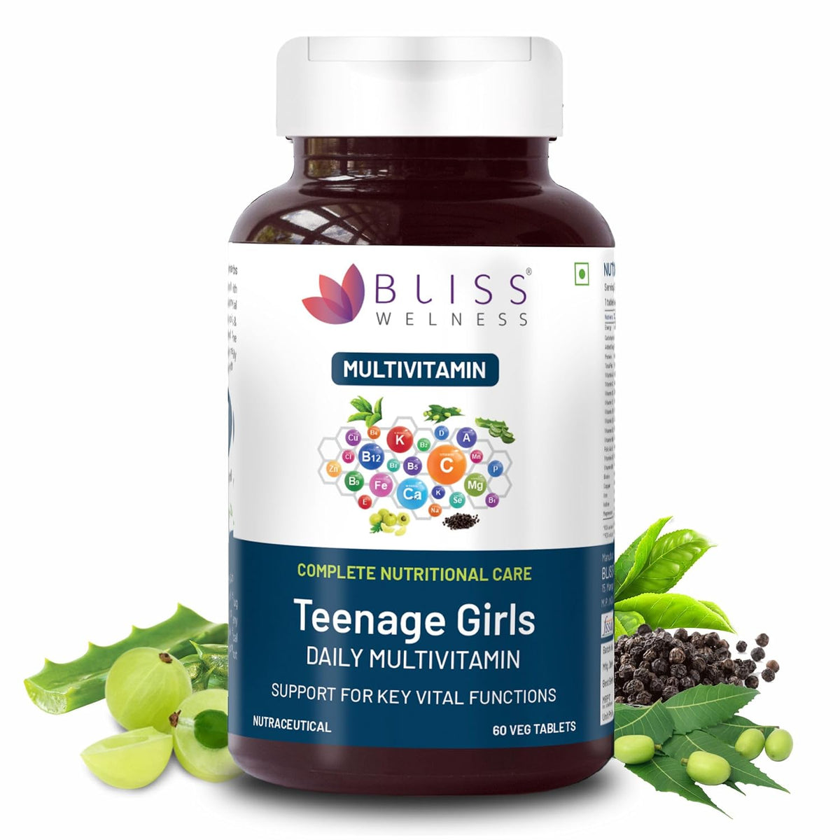 Bliss Welness Teenage Girl Multivitamin With Vitamin & Minerals, Calcium Magnesium Zinc, Aloe Vera , Bamboo & Grapeseed For Immunity, Hair Skin Nails | 60 Tablets , 100gm 0.2lbs