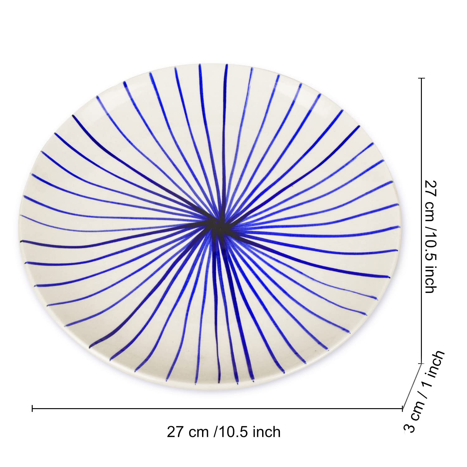 Ceramic Striped Dinner Serving Plates Set Of 4 - White & Blue, Diameter: 10 Inches | Ceramic Full Plates - Blue Kasa Line