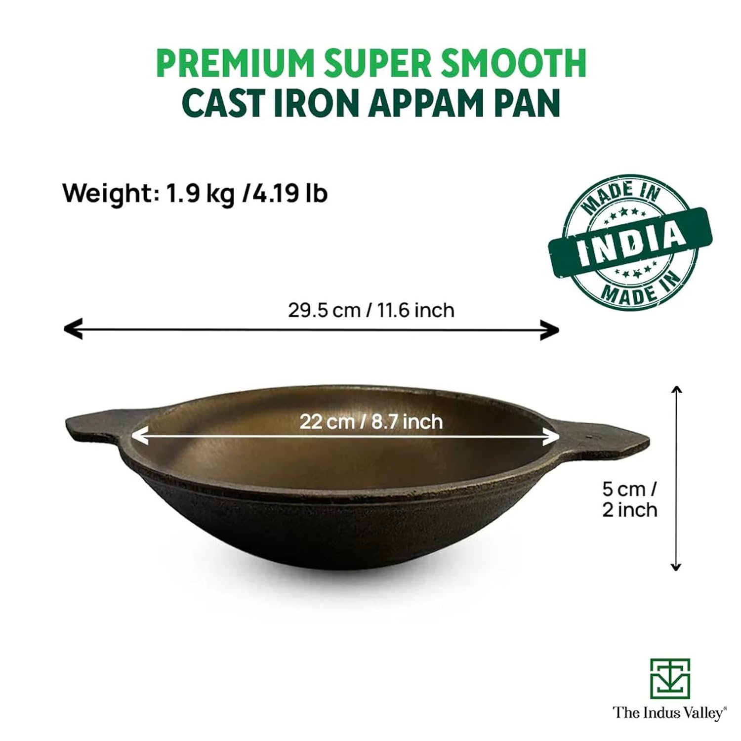 Super Smooth Black Cast Iron Appam Pan With Glass Lid - 22 Cm, 8.7 Inch, 0.5 Liter, 1.9 Kg | Gas Compatible, Pre-Seasoned, 100% Toxin-Free - Naturally Non-Stick