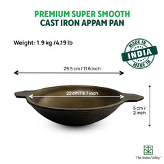 Super Smooth Black Cast Iron Appam Pan - 22 Cm, 8.7 Inch, 0.5 Liter, 1.7 Kg | Gas Compatible, Nonstick Pre-Seasoned Appam Pan, 100% Pure & Toxin-Free, No Chemical Coating