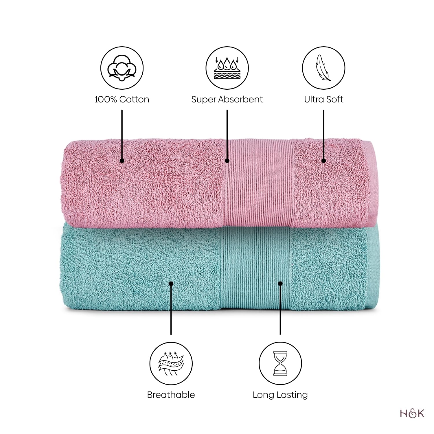 Haus & Kinder Harmony Combed Bath 1800 Gsm | Ultra Soft, Super Absorbent 100% Cotton Towels For Bathroom, Gym, Travel, Sports & Yoga | Pink & Blue (Pack Of 6)