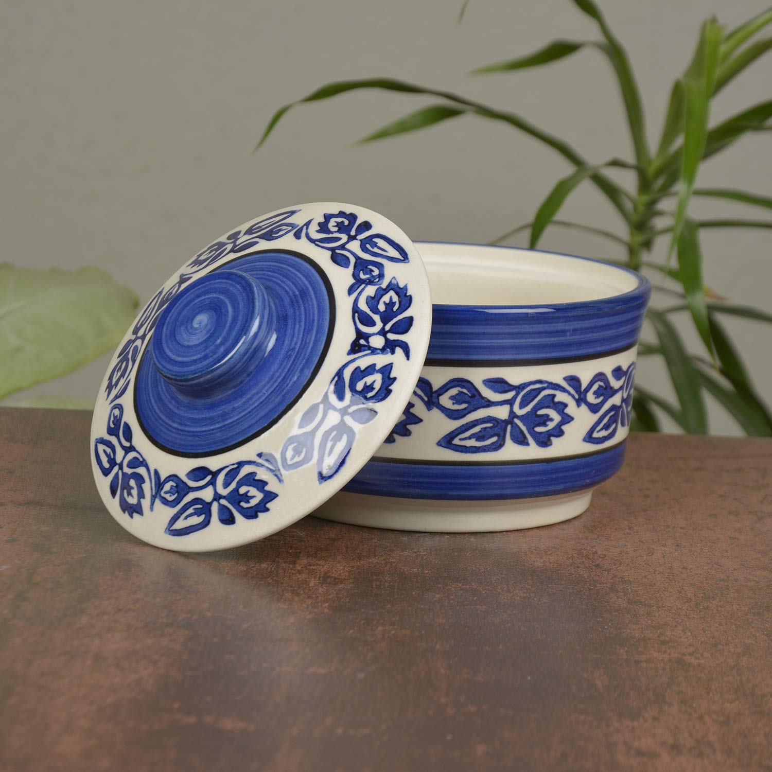 Studio Pottery Hand Painted Serving Donga Casserole Set Of 3 - 900ml, 500ml & 300ml, Blue | Dinner Serving Set - Stackable Kitchen Bowl Set