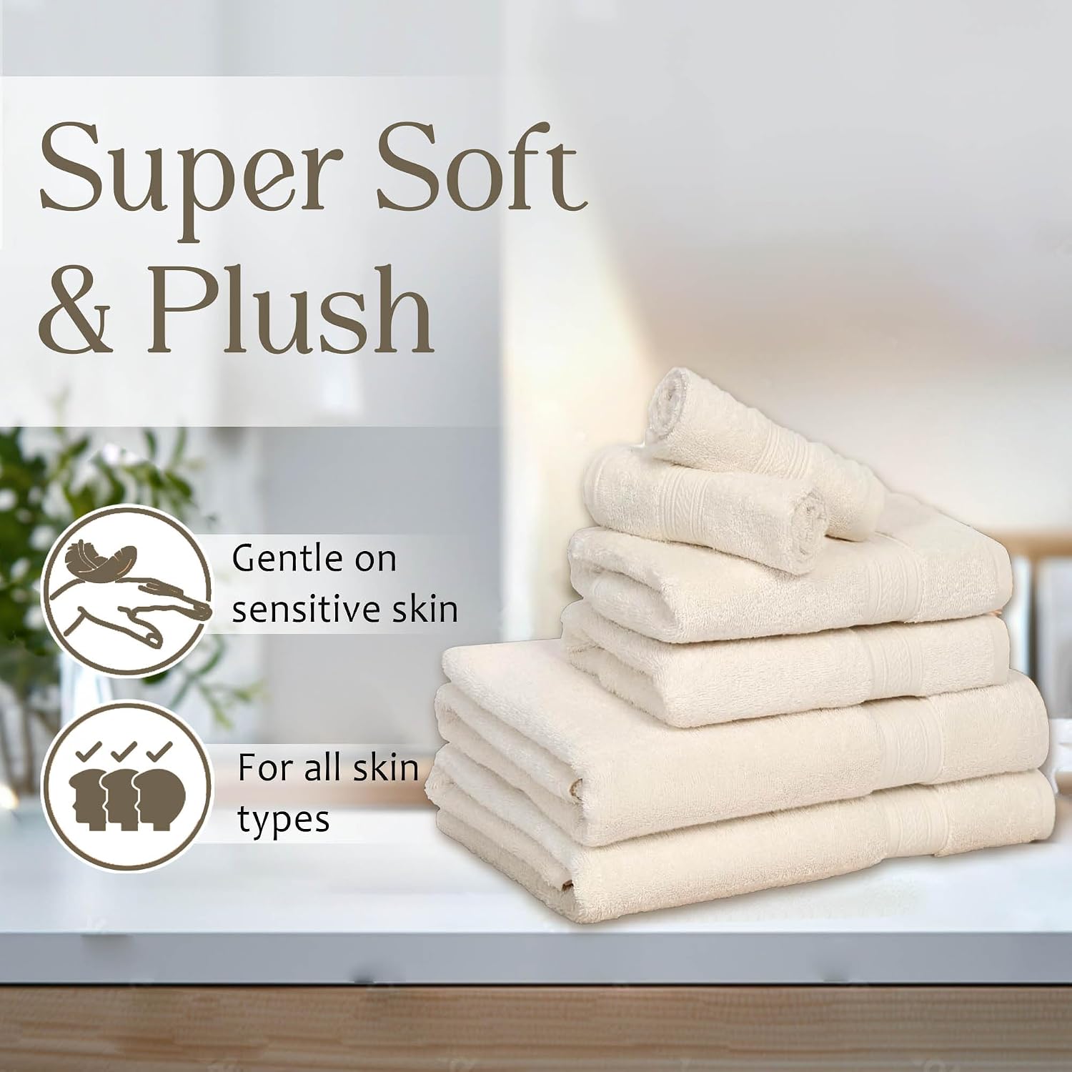 Ambra Linens 500 Gsm Highly Absorbent Towels Set 100% Cotton Soft & Plush All Seasons Use Large Everyday Use Durable Face, Bath & Hand Towels (6 Pieces Towel Set, Cream)