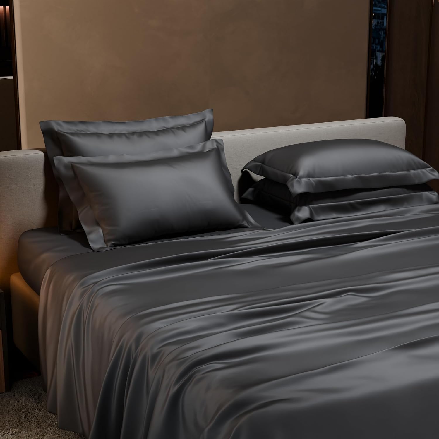 1 Flat Bedsheet King Size With 4 Pillow Cover - 108 X 108 Inches, Dark Grey | Wedding, Bedroom, Date Night Collection | 300 Thread Count