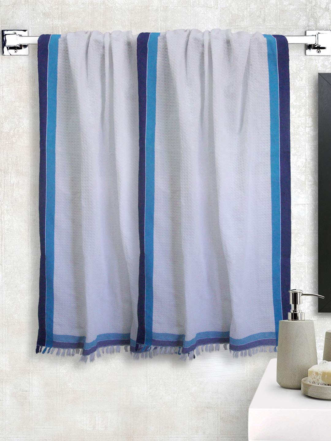 Athom Trendz Living Light Weight Cotton Premium Waffle Border Bath Towel 480 Gsm | Pack Of 2 (Multi1)