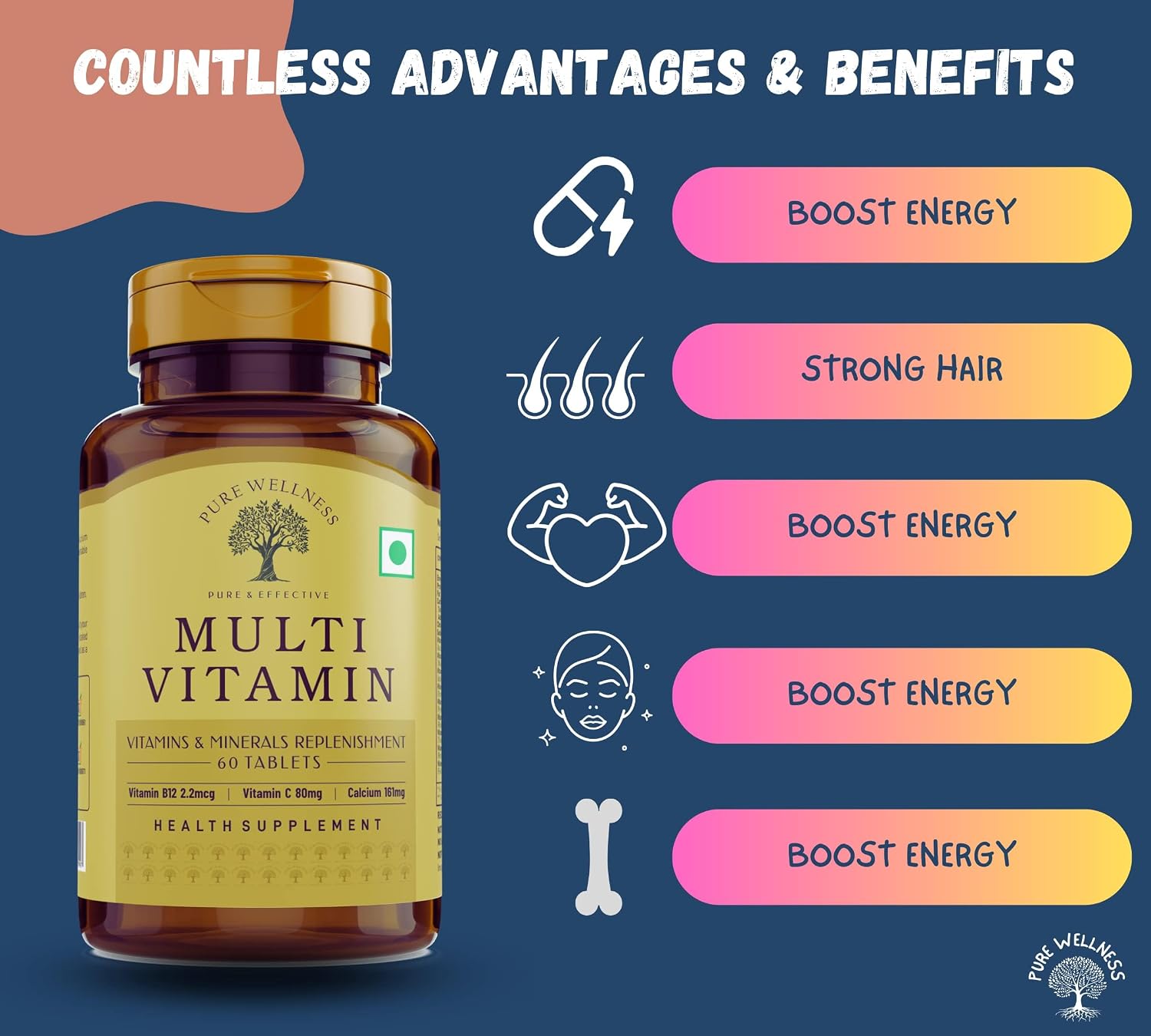 Pure Wellness Multivitamin Tablet For Men & Women, 40+ Ingredients With Potassium Vitamin C, D3 Enhanced Energy & Strength Immunity Booster & Joint Support | 60 Tablets , 100gm 0.2 Lbs