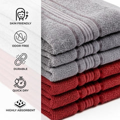 Akiko Home 100% Cotton Essential Series Hand Towels 1200 Gsm | Soft, Absorbent & Durable, Cotton Hand Towel For Bathroom Use, Gentle On Skin- Pack Of 6 (Grey & Maroon)