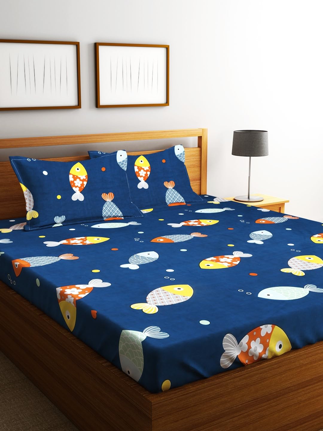 Elastic Fitted Kids Fishes Double Bedsheet 2 King Size Pillow Covers, Navy Blue (90x92 Inches) | Lightweight, Soft & Breathable - Perfect For Gifting Bedsheet