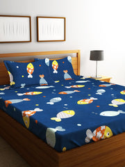 Elastic Fitted Kids Fishes Double Bedsheet 2 King Size Pillow Covers, Navy Blue (90x92 Inches) | Lightweight, Soft & Breathable - Perfect For Gifting Bedsheet