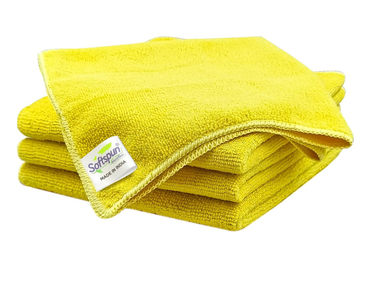 Softspun Microfiber Cleaning Cloths 450 Gsm | Highly Absorbent, Lint & Streak Free, Multi -Purpose Wash Cloth For Kitchen, Car, Window, Stainless Steel (4 Pcs)- Yellow