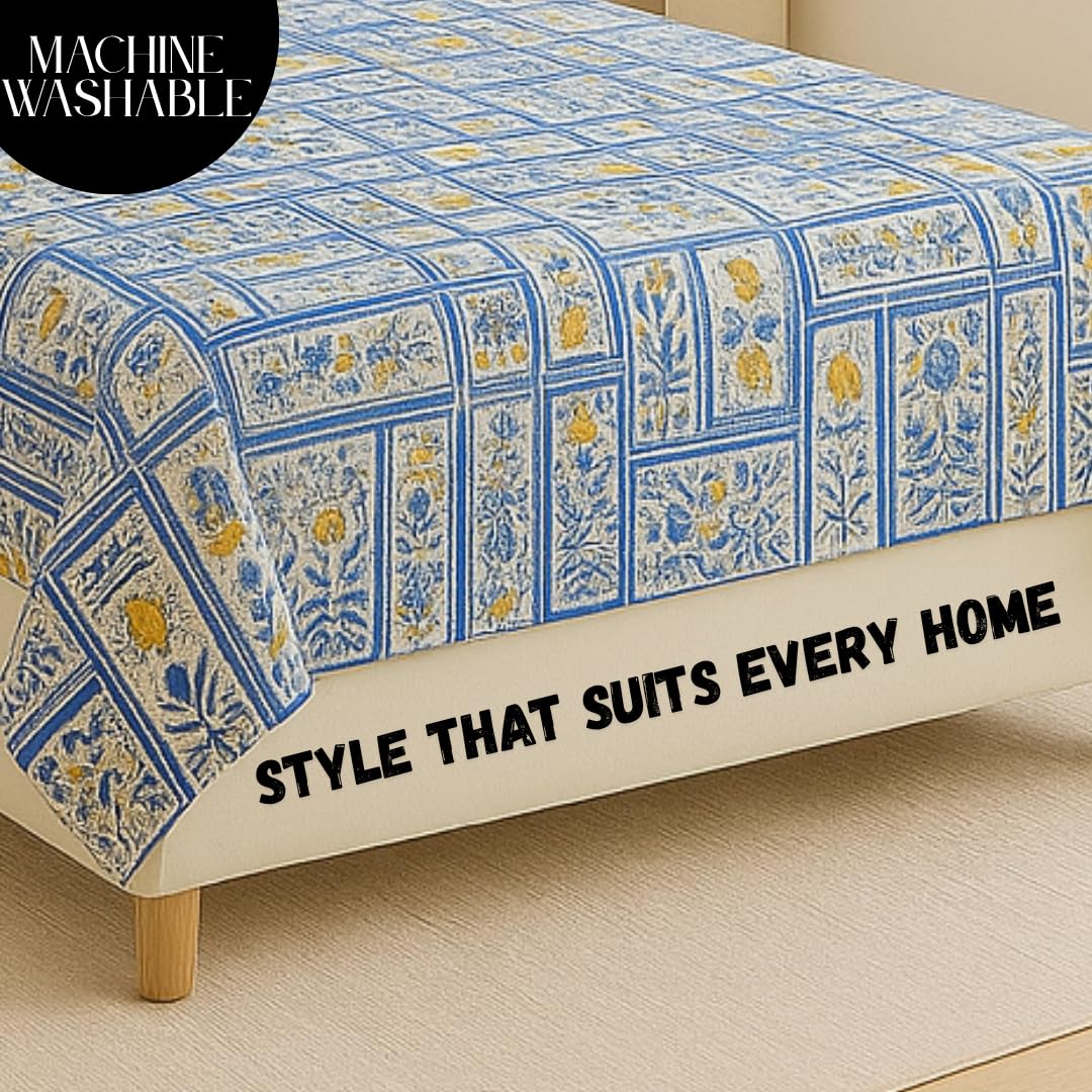 Bedsheet For Single Bed with 1 Pillow Cover - Size 90 X 60 Inches, Blue | Soft Touch Cotton Fabric-Comfortable & Durable | Elegant Printed Bedding Set For Daily Use