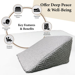 Wedge Memory Foam Pillow, Back Support Pillow For Bed, Snoring, Grey Pillow | Acid Reflux, Gerd, Leg Elevation, Pregnancy Support For Sitting & Sleeping | Wedge Cushion Pillow