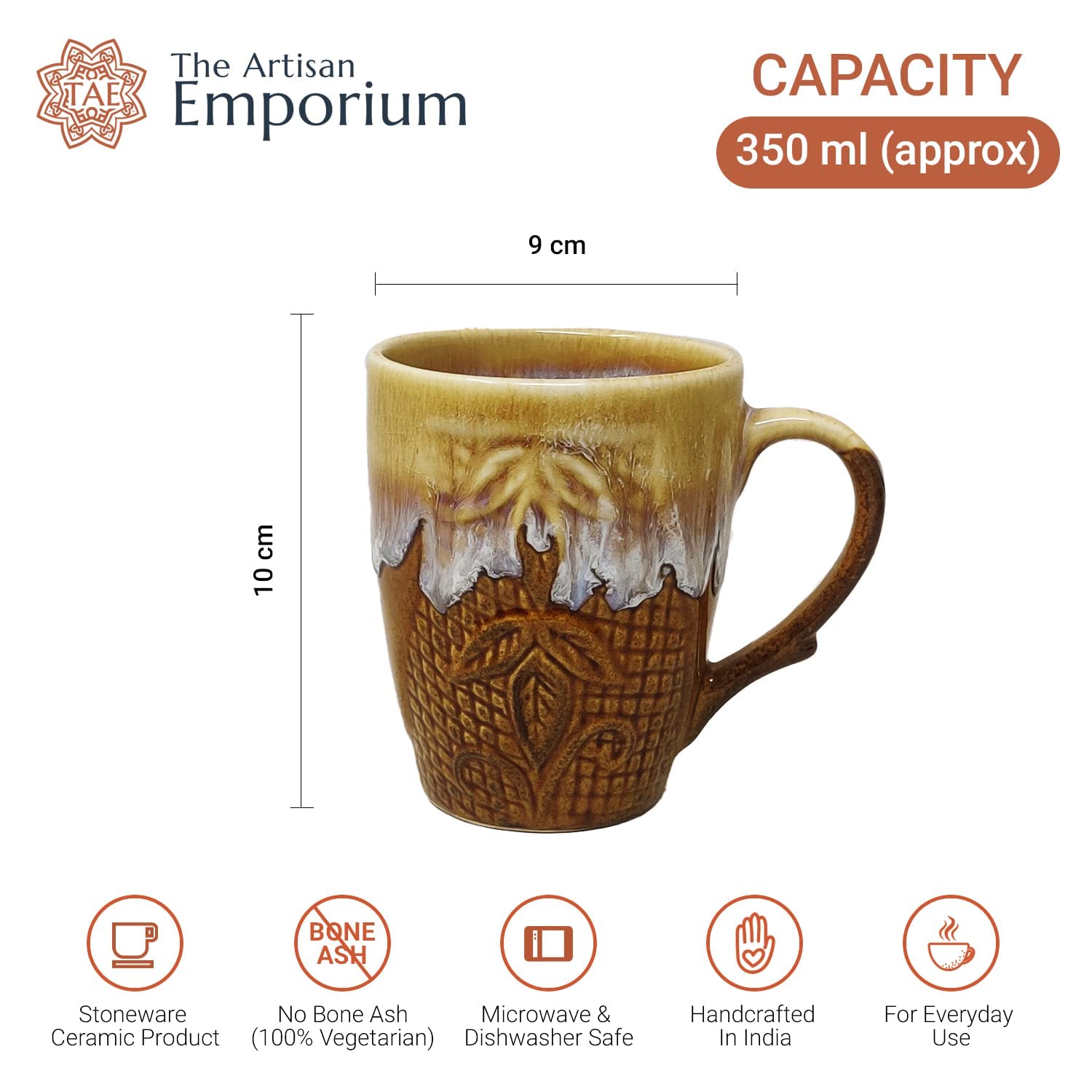Handcrafted Brown Snow Drip Carved Ceramic Coffee Mug Set Of 2 - 350ml Each | Ceramic Mugs For Coffee, Tea, Milk - Microwave Safe & Leak Proof