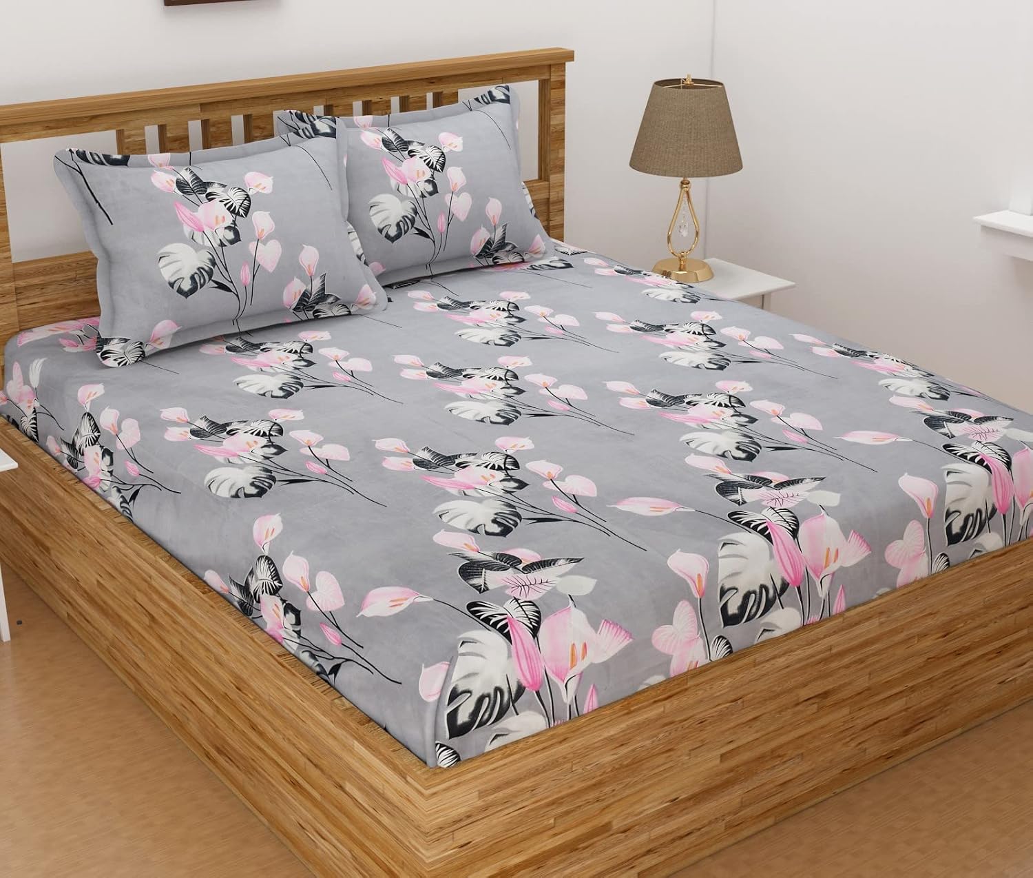 Double Bedsheets With 2 Pillow Covers - 90 X 90 Inches, Grey & Pink | Double Bed Breathable & Wrinkle Free | Breathability, Softness, & Durability