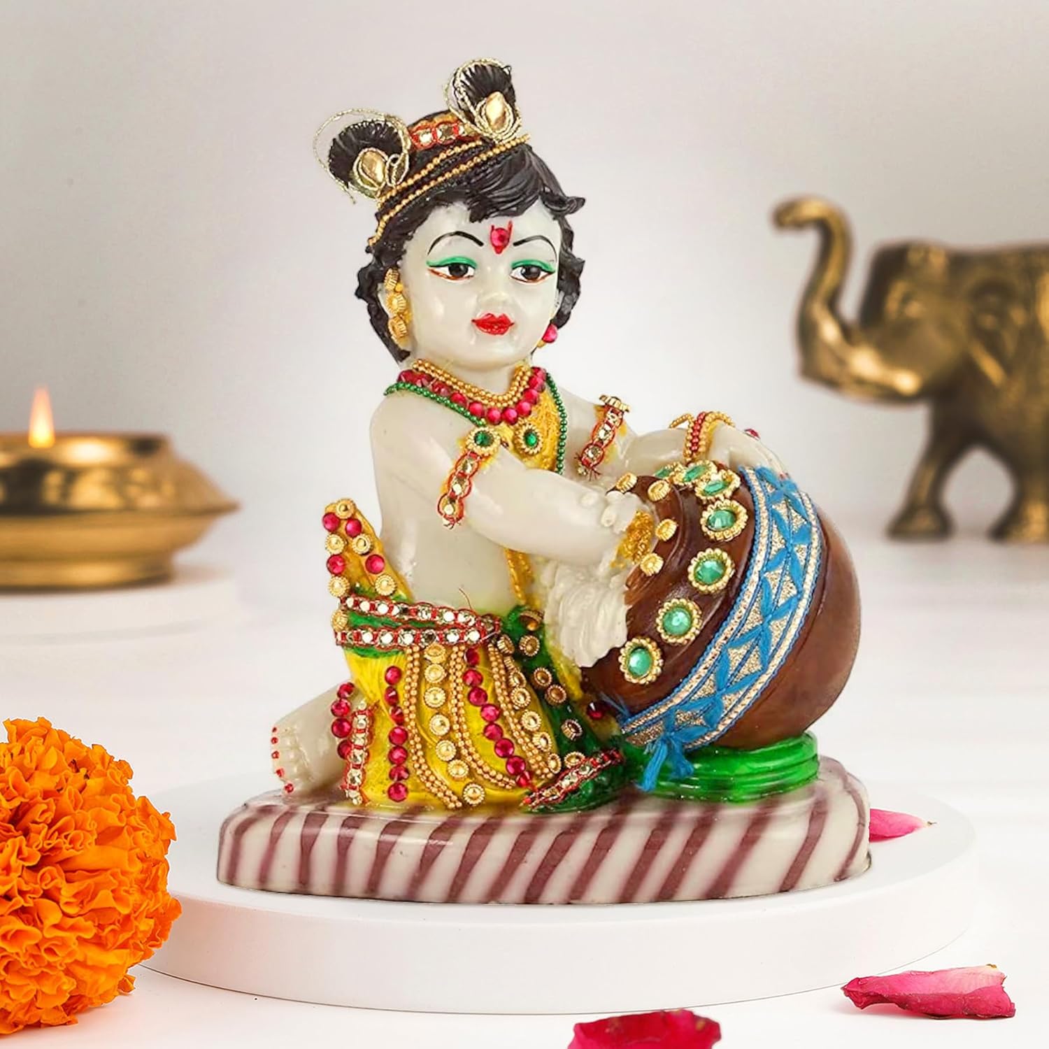 Lord Krishna Makhan Chor Idol, Figurine Showpiece - 19 X 15 X 9 Cm, Handmade Idol | Decoration Items For Home Décor, Living Room, Mandir, Temple, Pooja Room, Table Decorative Gifts