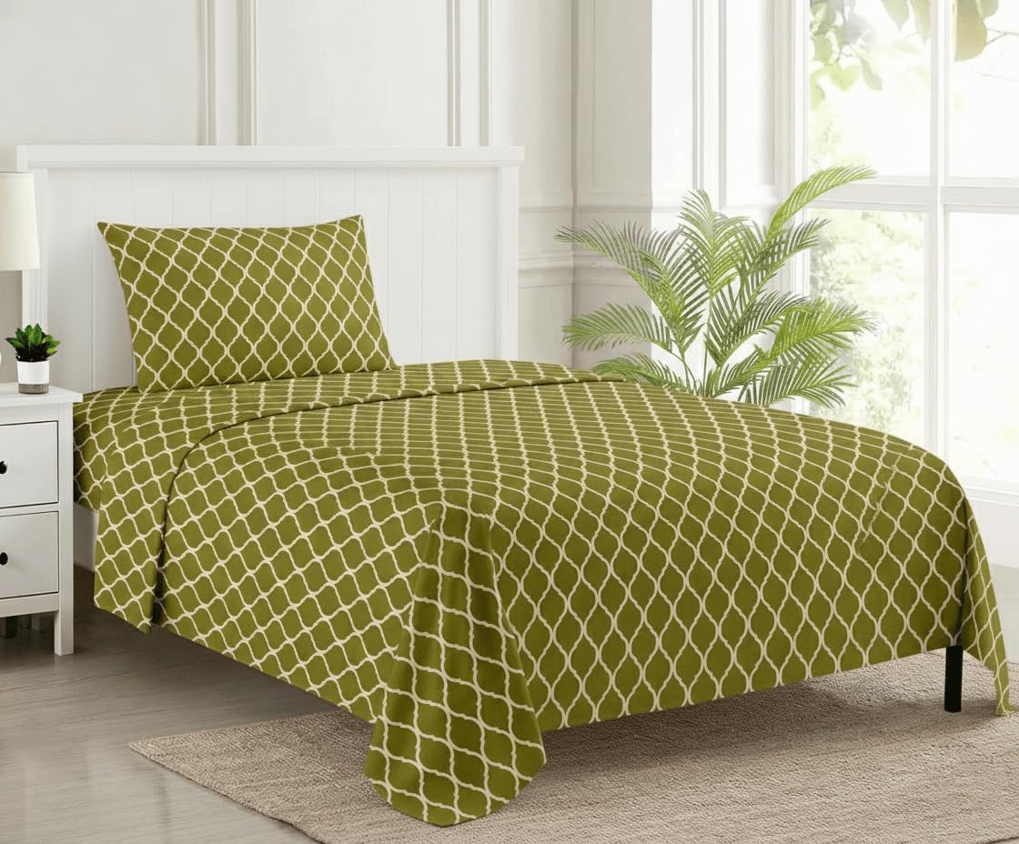 Cotton Printed Single Flat Bedsheet With 1 Pillow Cover - 60 X 100 Inches, Forest Green | Breathable & Skin Friendly Bedsheet | Ideal For Year Round Use