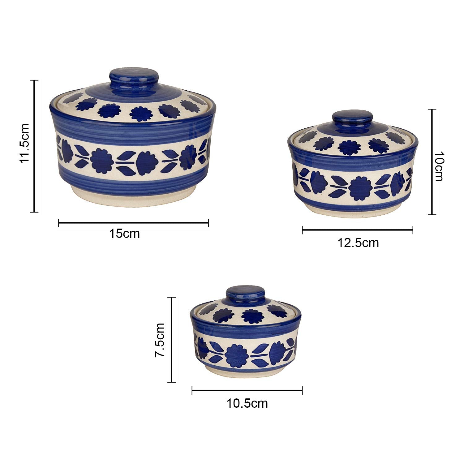 Studio Pottery Hand Painted Ceramic Serving Donga With Lid Casserole Set Of 3 - 900ml, 500ml & 300ml, White & Blue | Dinner Serving Set - Stackable Kitchen Bowl Set