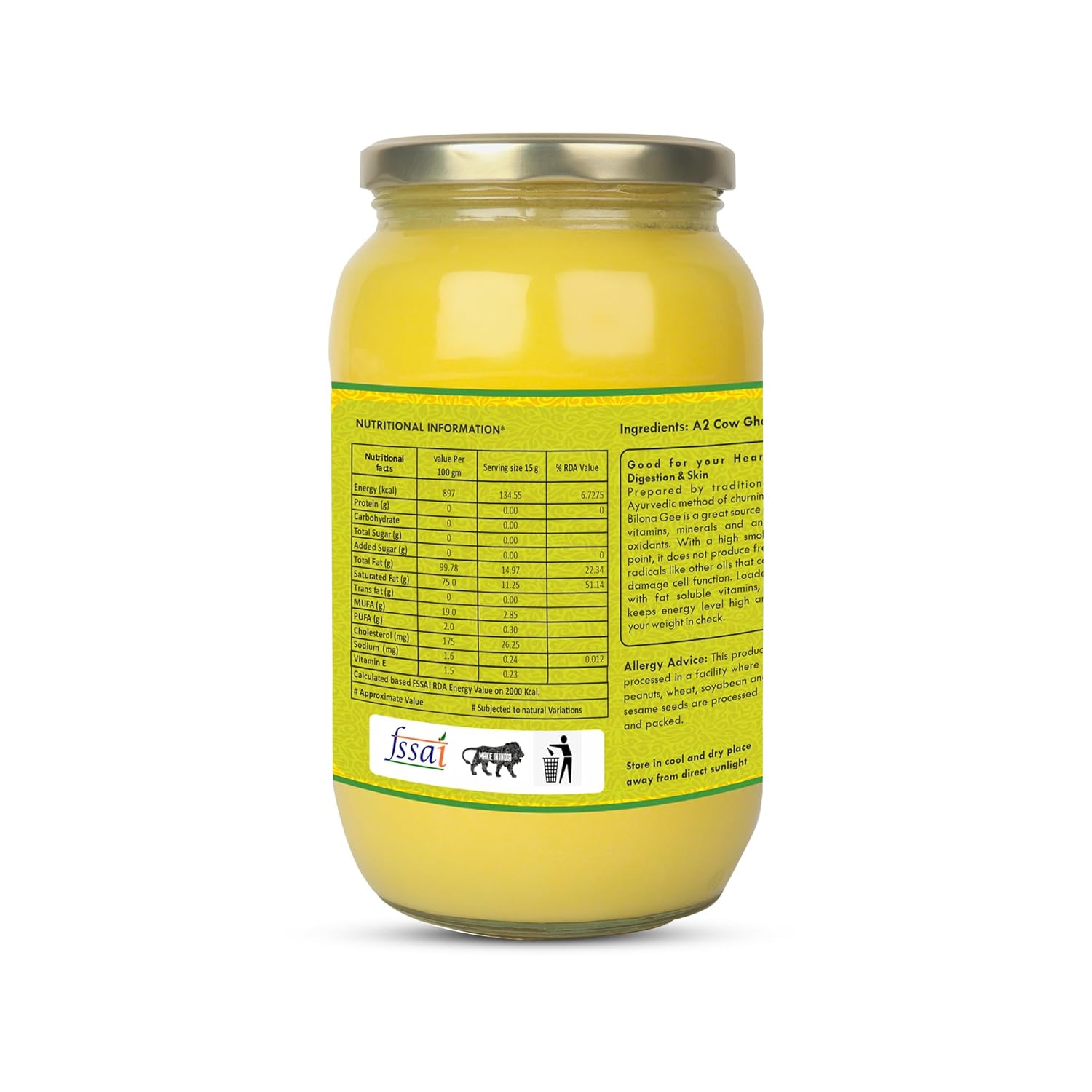 Premium A2 Desi Cow Ghee By Pranajay | Highly Nutritious & Healthy Vedic Bilona Method Desi Ghee Good For Baking | 1 Litre (500ml * 2) 33.8 Ounce | Jar Pack