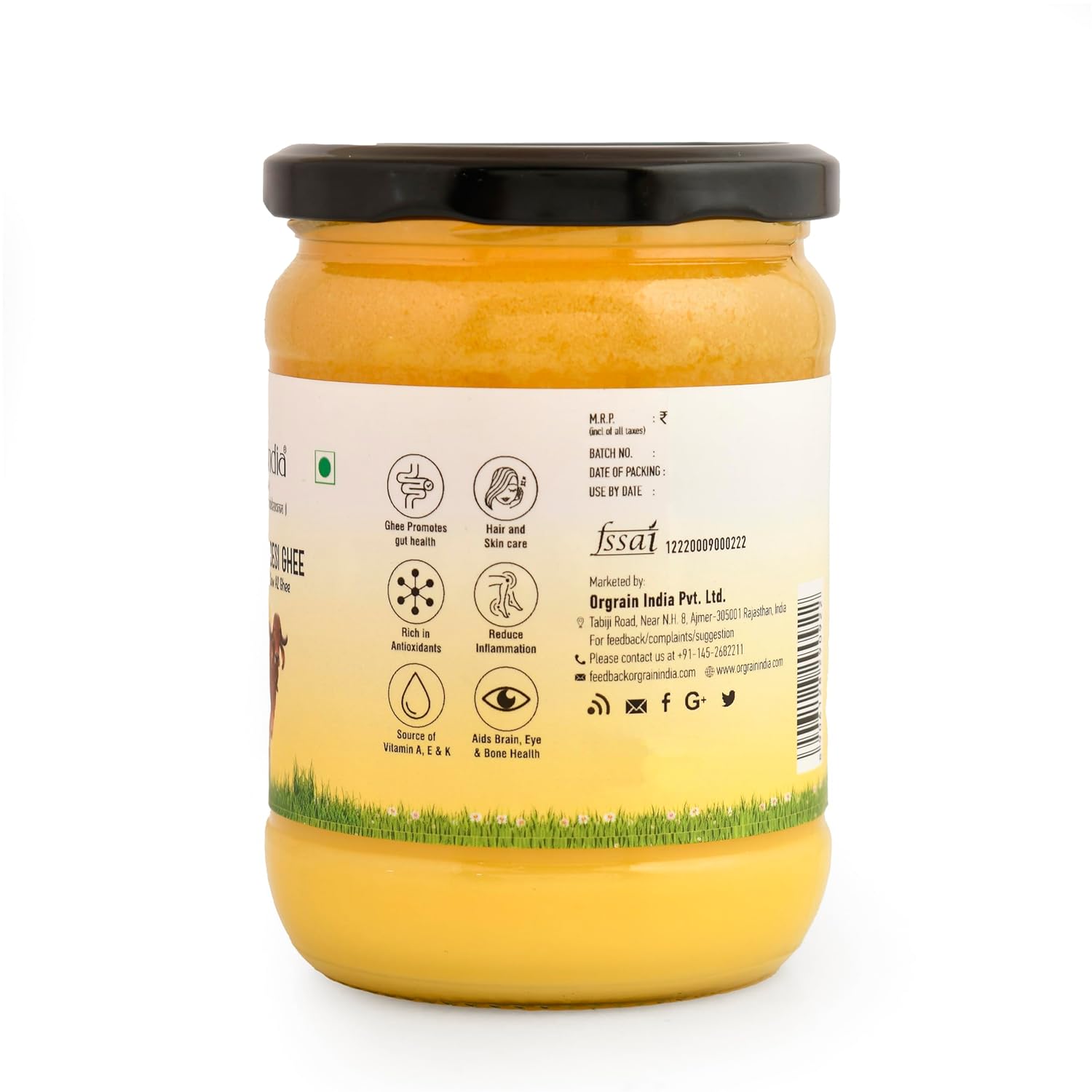 100% Natural Desi Cow Ghee By Orgrain India | Rich In Nutrients & Healthy Desi Cow Ghee For Bones Health | (500ml) 16.9 Ounce | Jar Pack